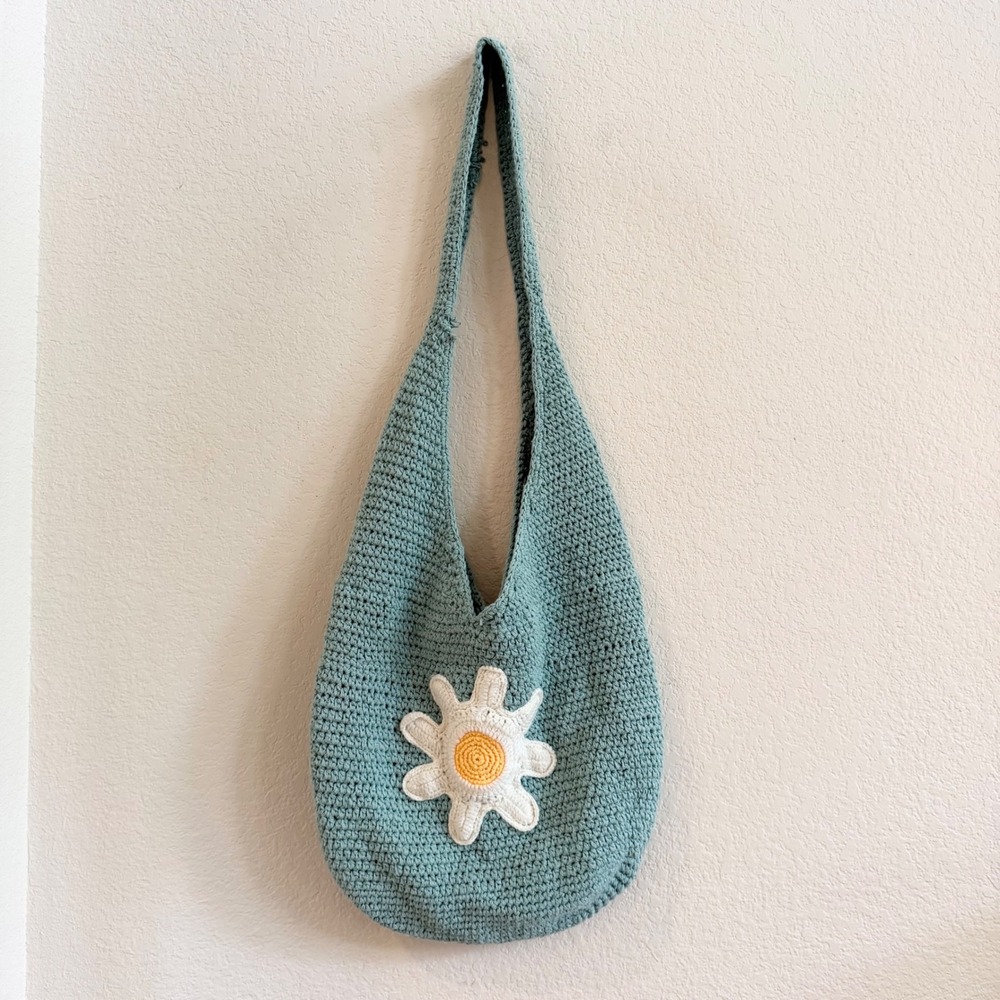 Handmade Crochet Daisy Hobo Bag Sage Green Boho‎ Flower Shoulder Tote Slouchy